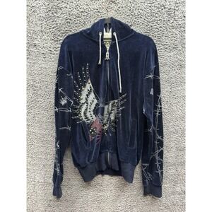 Vintage Maschera Los Angeles Bead Studs Graphic Full Zip Hoodie Navy Blue Mens L